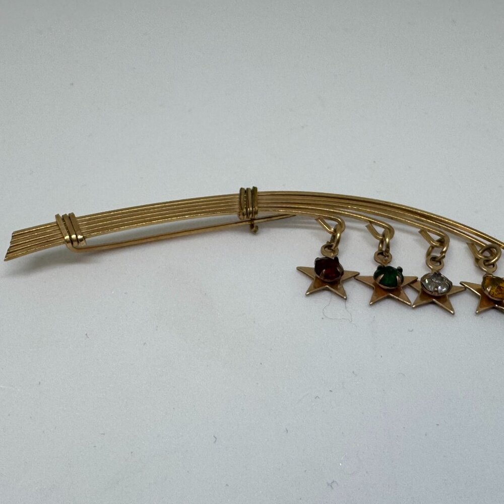 Opulent Vintage 10K Gold Multicolor Rhinestone Dangle Pin